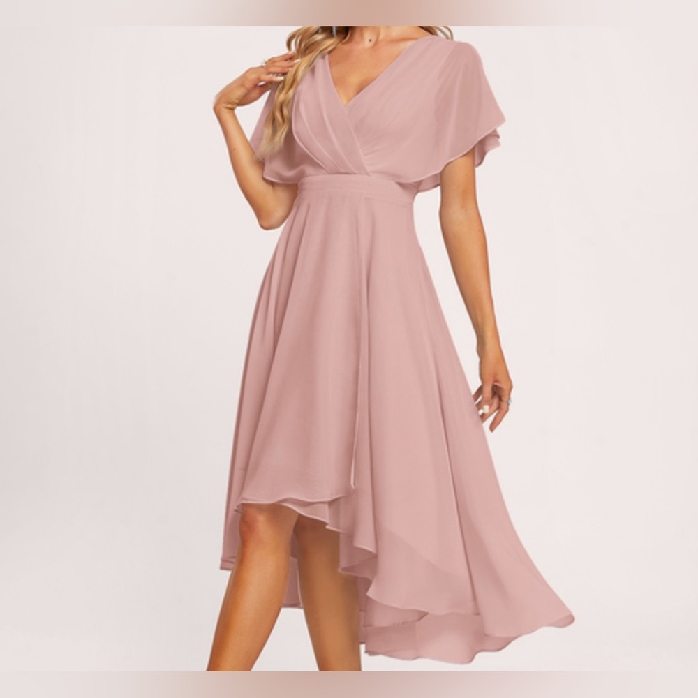 EUC A-line V-Neck Asymmetrical Chiffon Dress w/ Ruffle in Dusty Rose - 16W - Picture 2 of 11